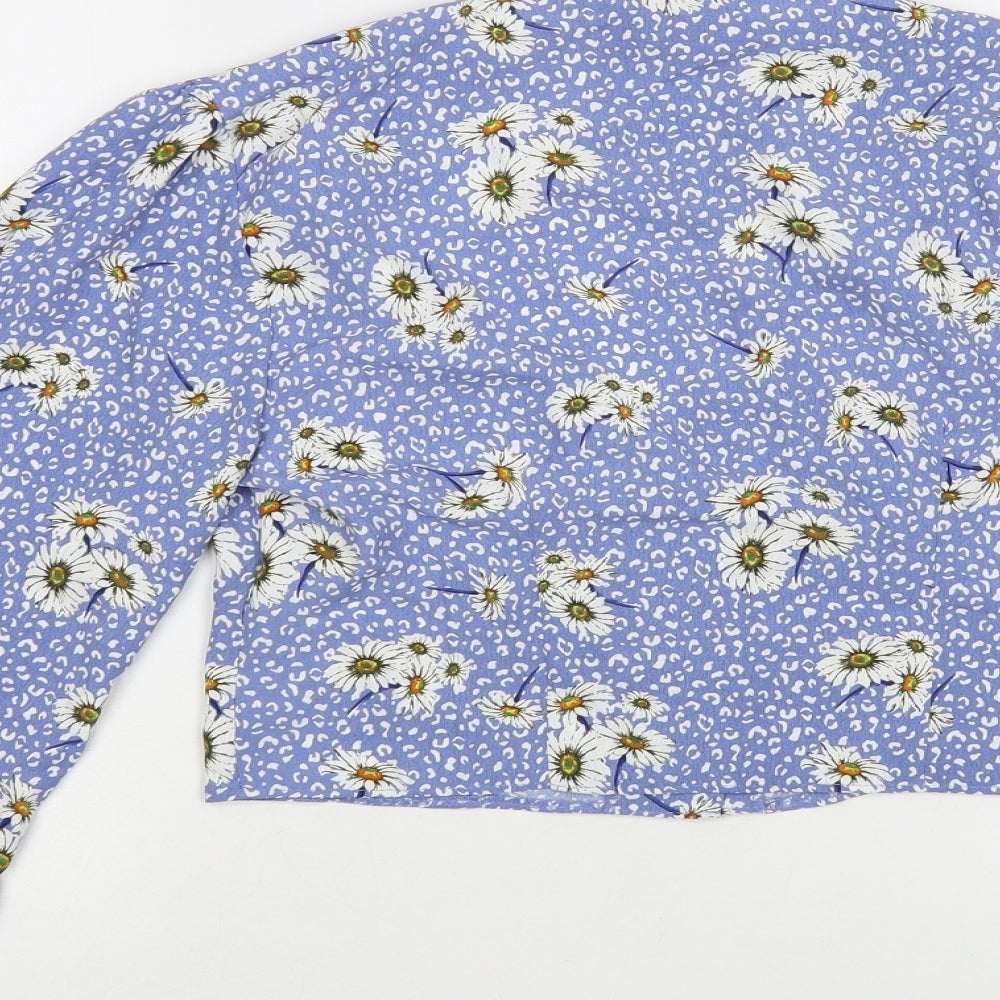 Primark Womens Blue Floral Polyester Cropped Blouse Size 10 V-Neck