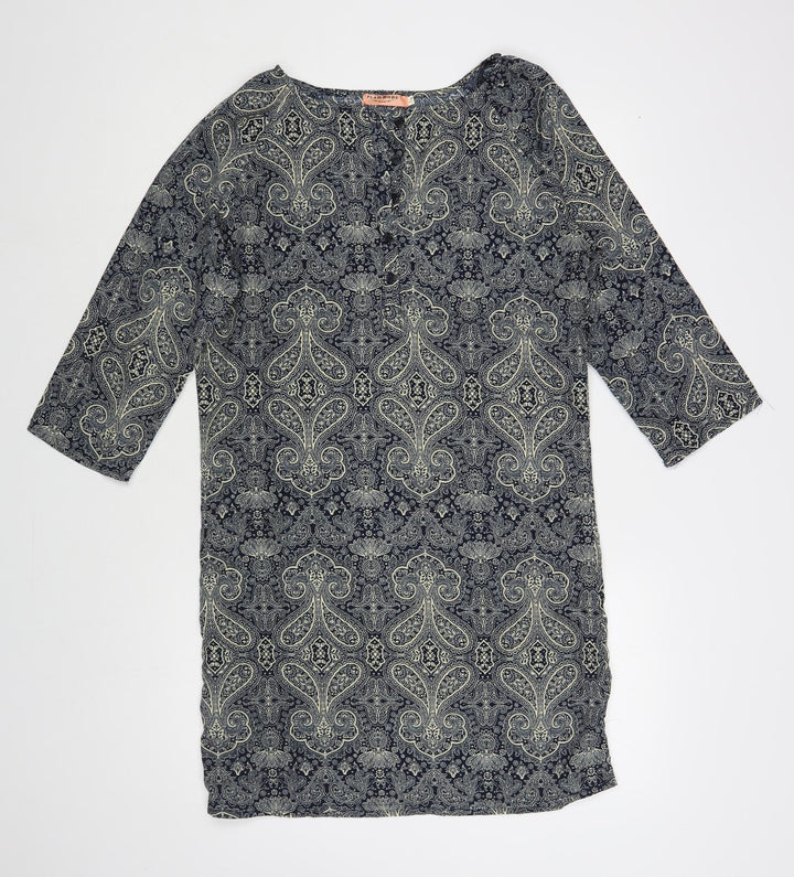 Flammode Womens Blue Paisley Cotton Shift Size S Boat Neck Button