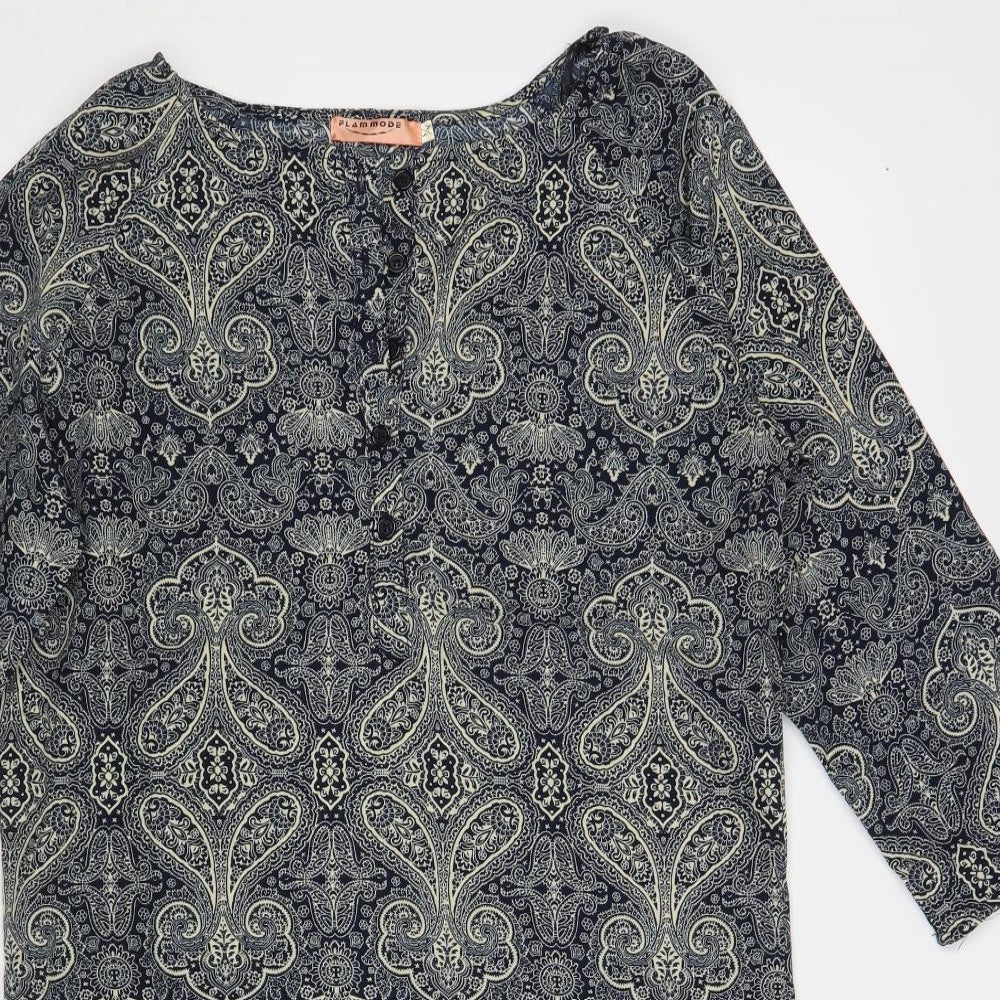 Flammode Womens Blue Paisley Cotton Shift Size S Boat Neck Button