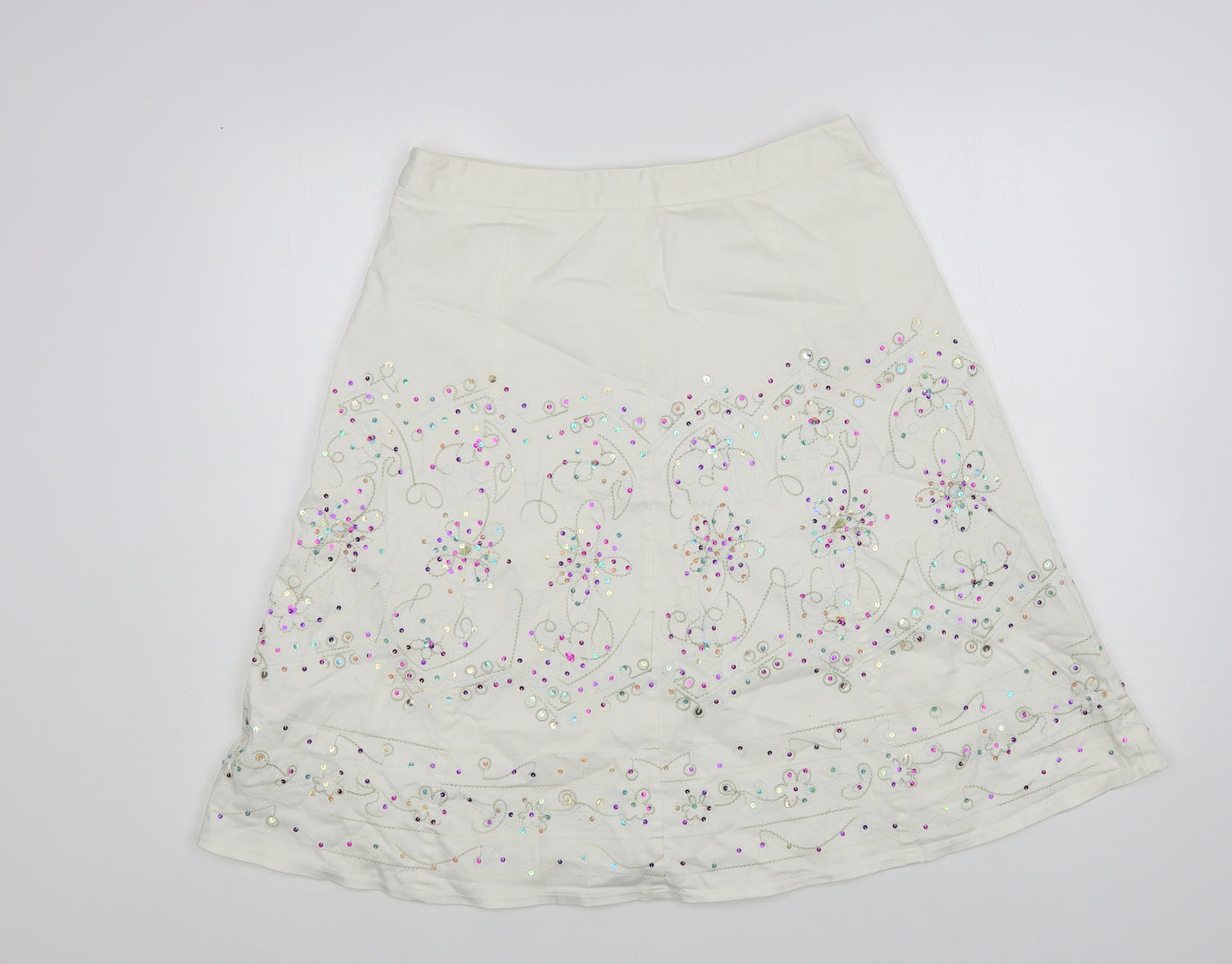 New Look Womens White Floral Cotton A-Line Skirt Size 12 Zip