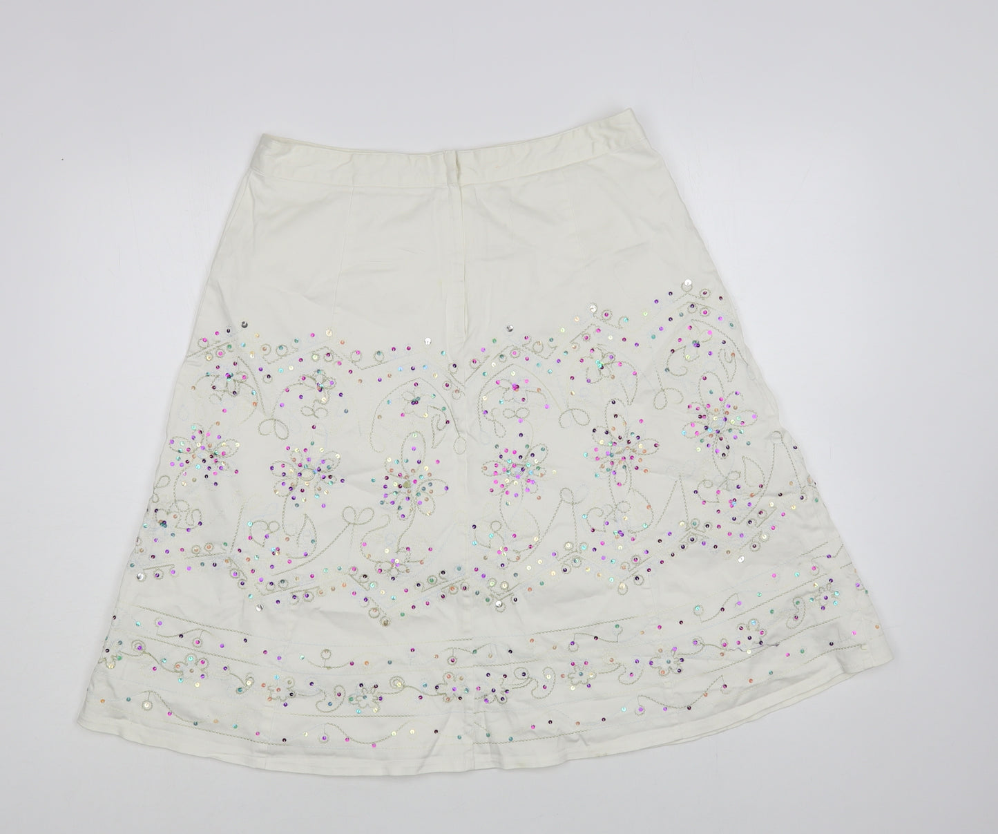 New Look Womens White Floral Cotton A-Line Skirt Size 12 Zip