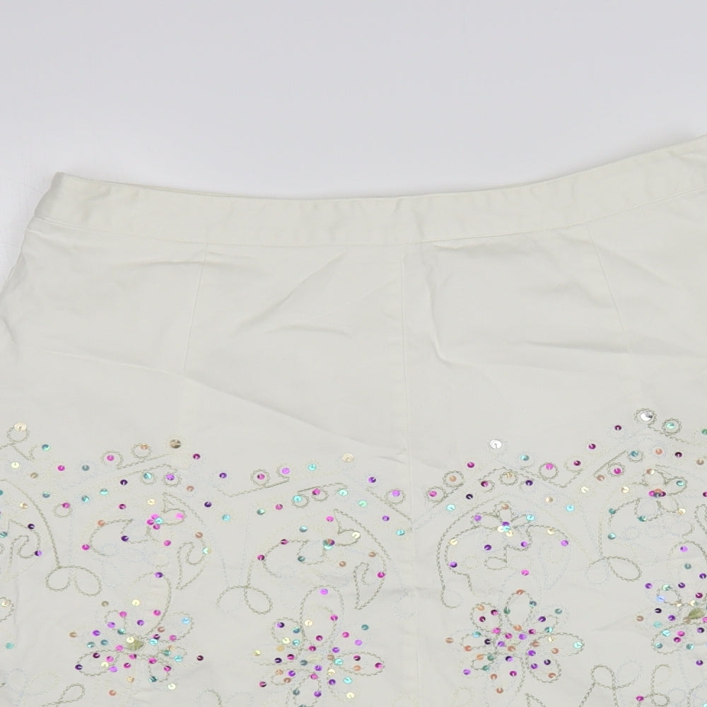 New Look Womens White Floral Cotton A-Line Skirt Size 12 Zip