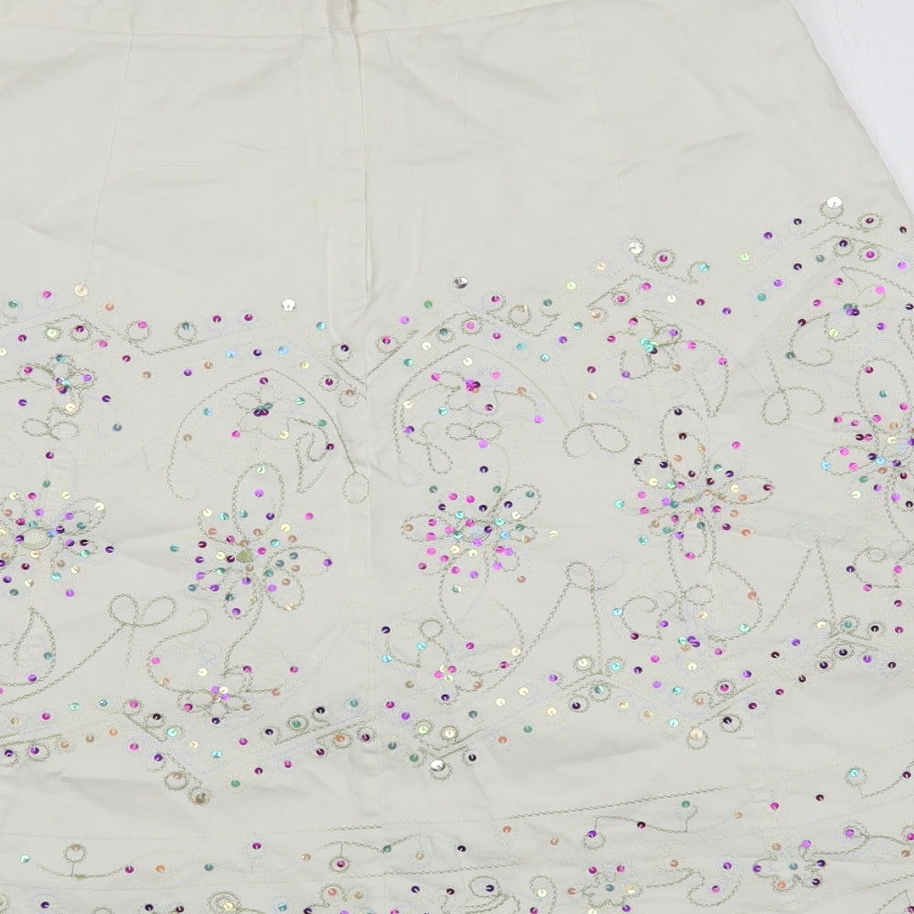 New Look Womens White Floral Cotton A-Line Skirt Size 12 Zip