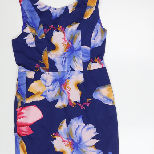 A Wear Womens Blue Floral Cotton Pencil Dress Size 12 Boat Neck Zip