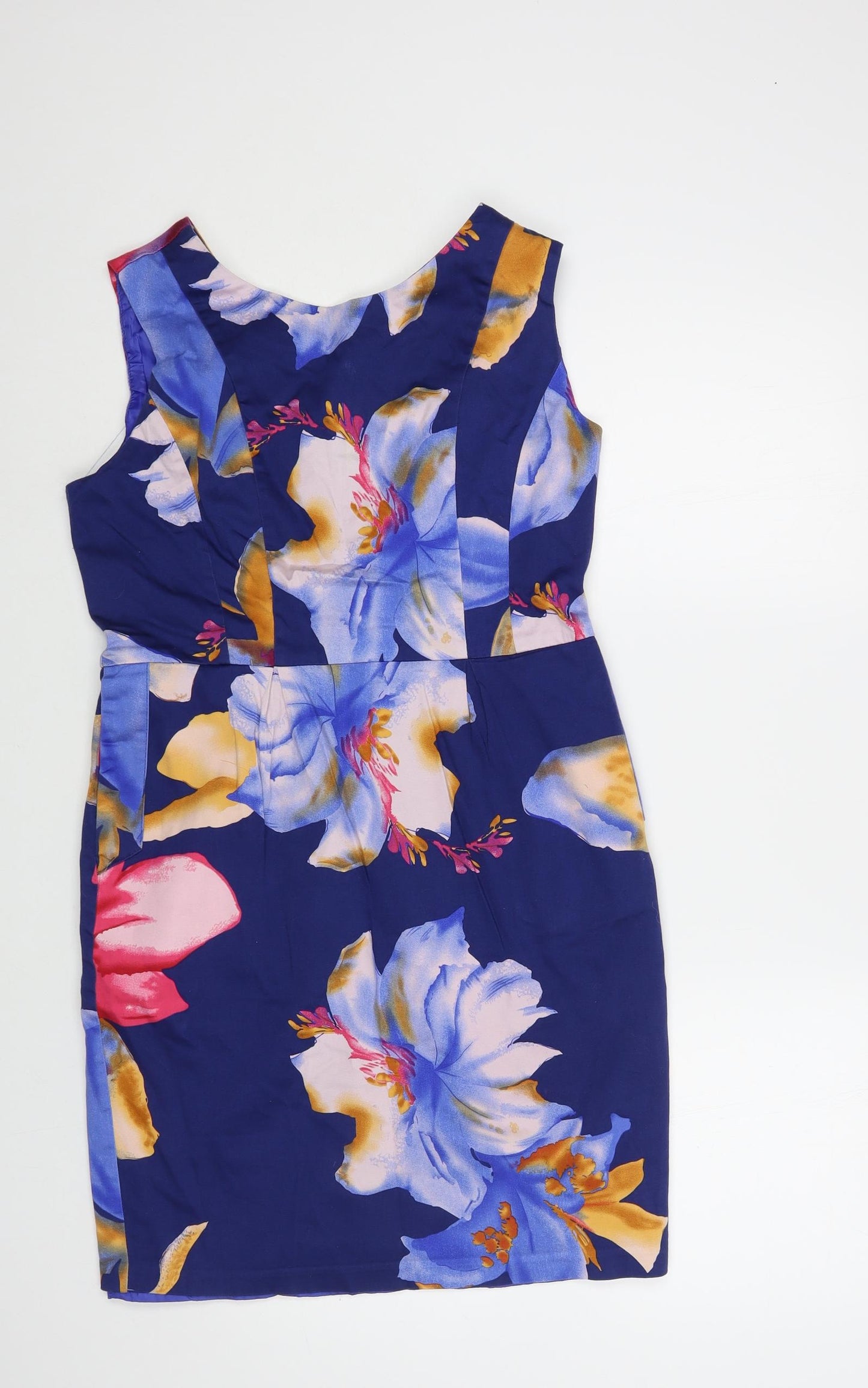 A Wear Womens Blue Floral Cotton Pencil Dress Size 12 Boat Neck Zip
