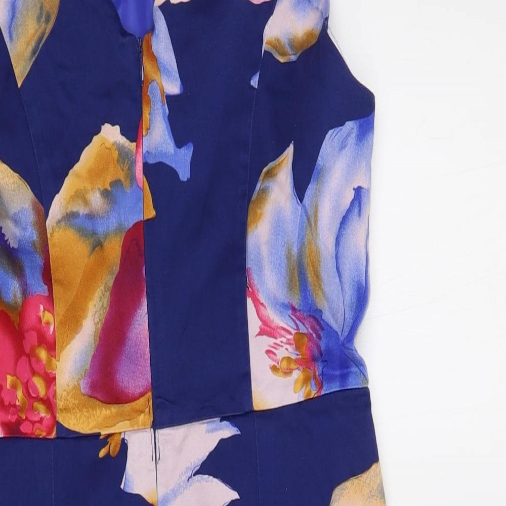 A Wear Womens Blue Floral Cotton Pencil Dress Size 12 Boat Neck Zip