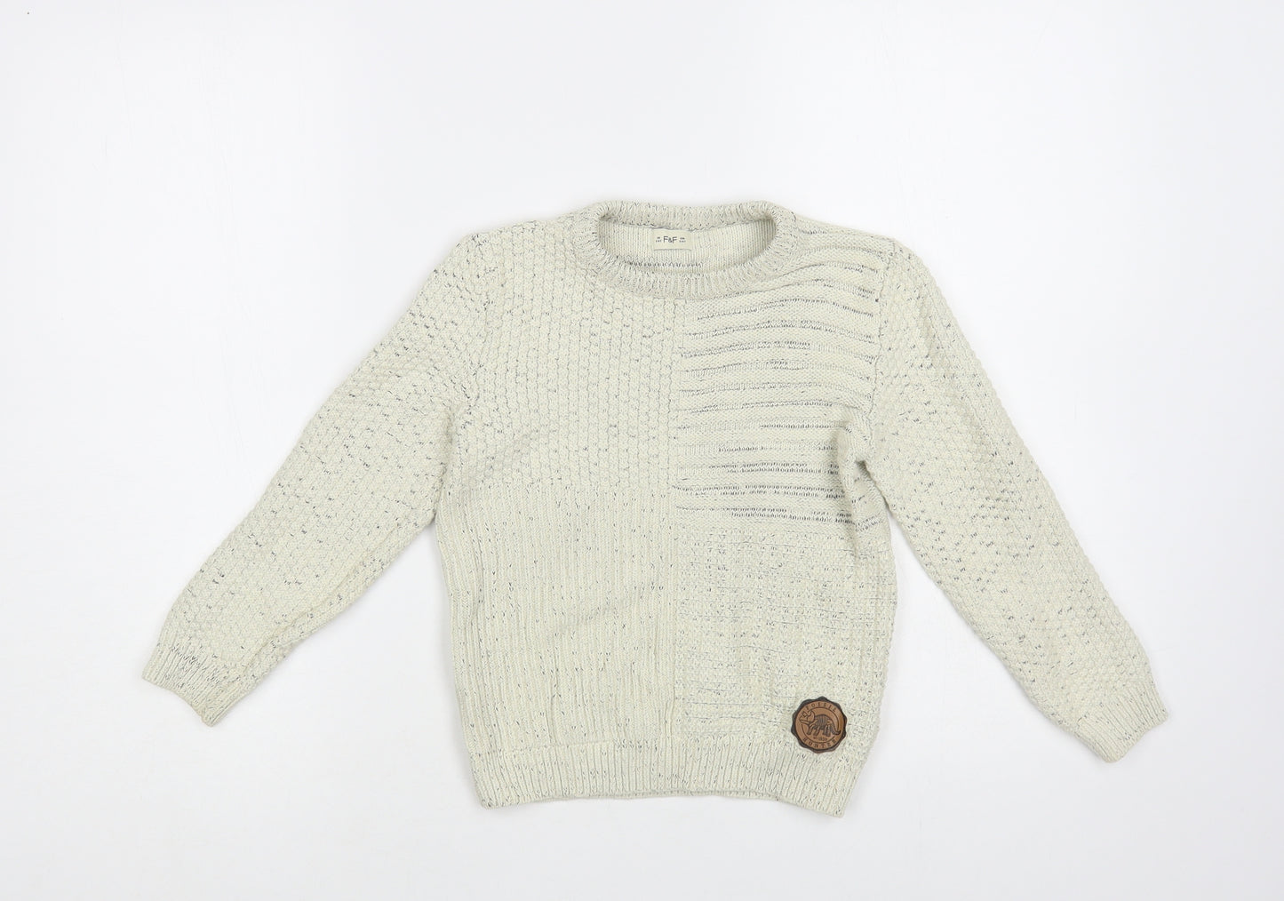 F&F Boys Beige Crew Neck Cotton Pullover Jumper Size 5-6 Years Pullover