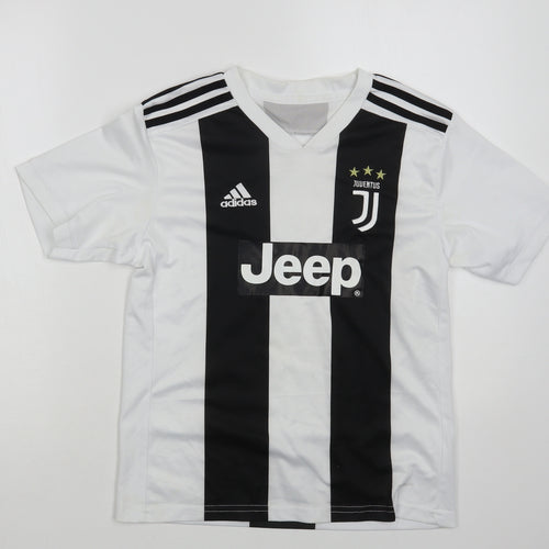 adidas Boys White Striped Polyester Pullover T-Shirt Size 13 Years V-Neck Pullover - Juventus FC Ronaldo