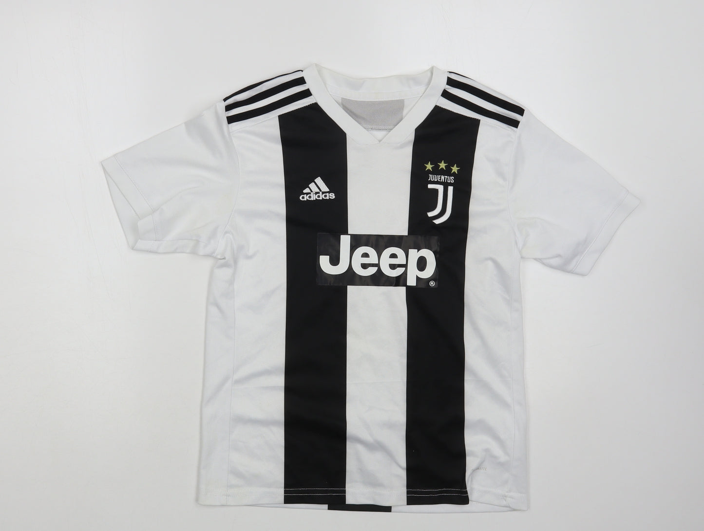 adidas Boys White Striped Polyester Pullover T-Shirt Size 13 Years V-Neck Pullover - Juventus FC Ronaldo