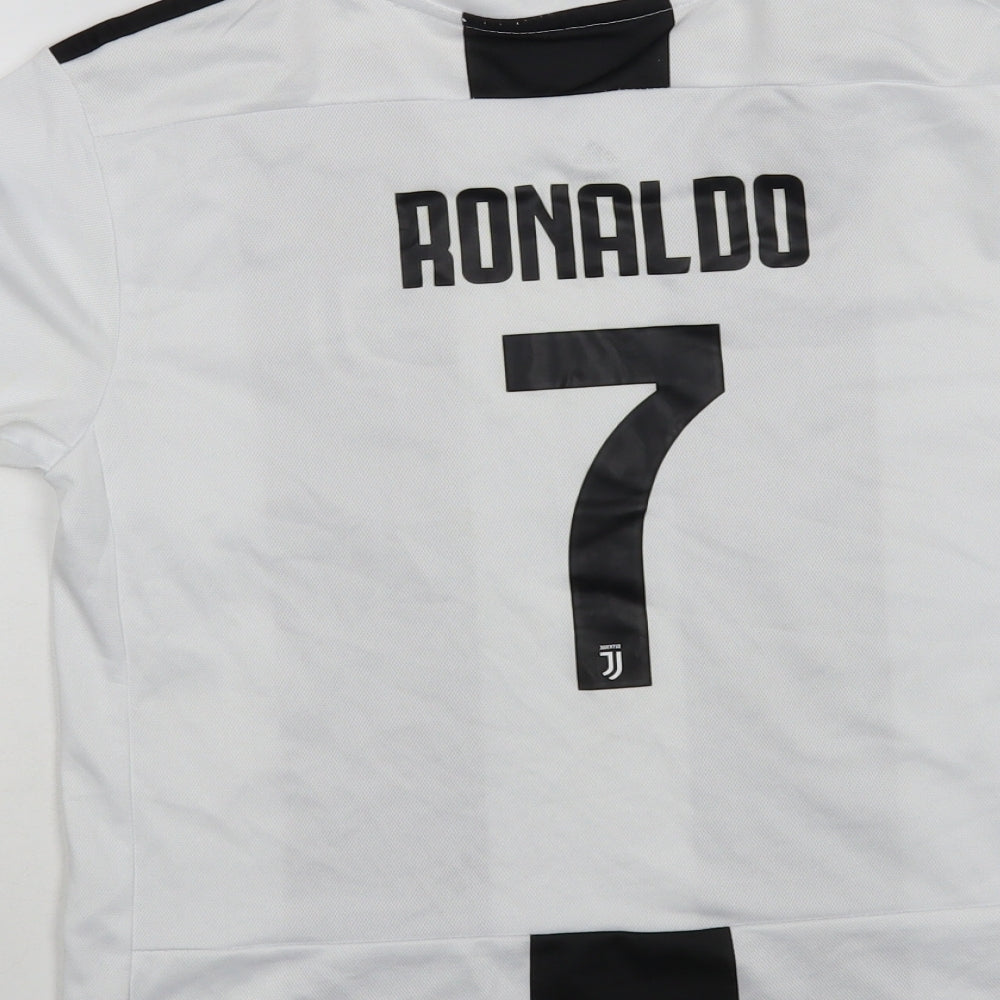 adidas Boys White Striped Polyester Pullover T-Shirt Size 13 Years V-Neck Pullover - Juventus FC Ronaldo