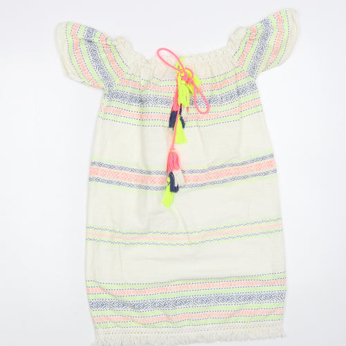 Primark Womens Ivory Striped Cotton Tunic Blouse Size 4 Off the Shoulder