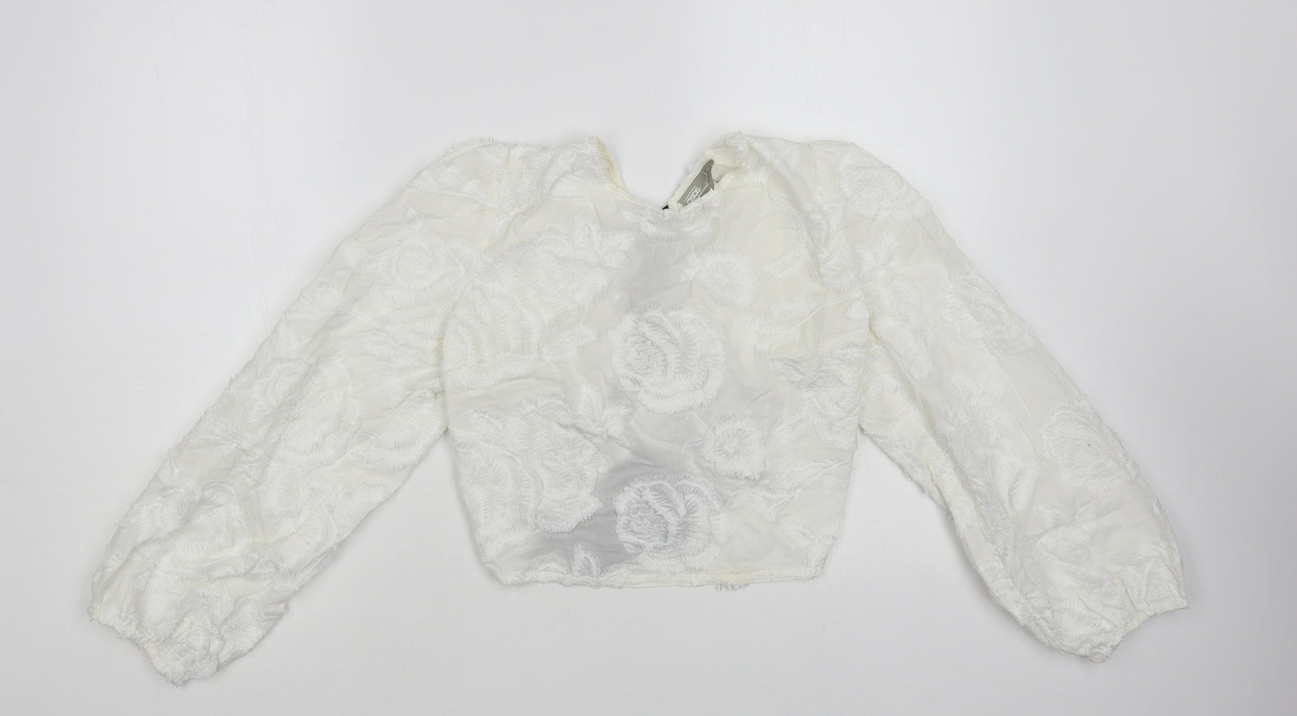 ASOS Womens White Floral Cotton Cropped Blouse Size 10 Round Neck - Corset Back