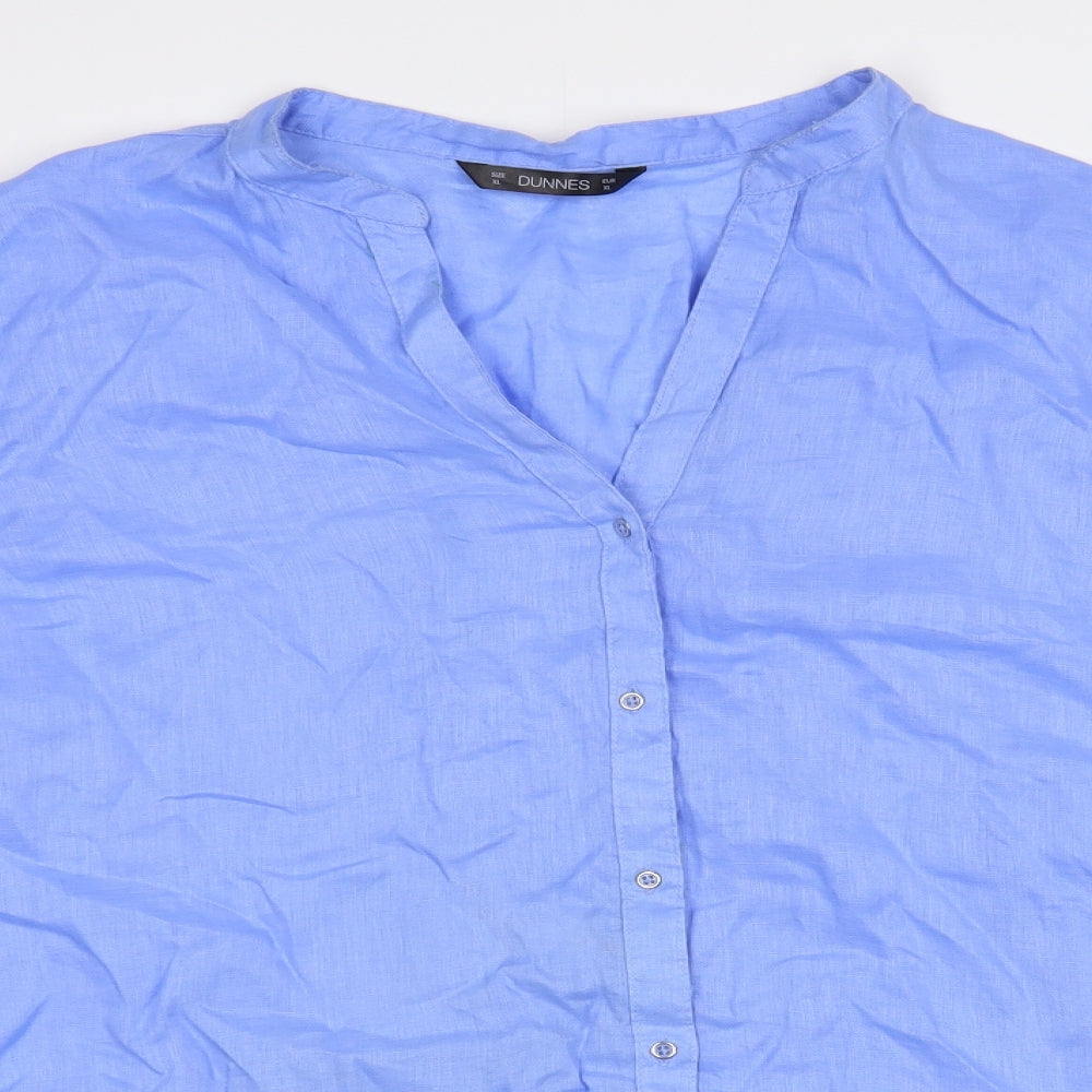 Dunnes Stores Womens Blue Linen Basic Button-Up Size XL V-Neck