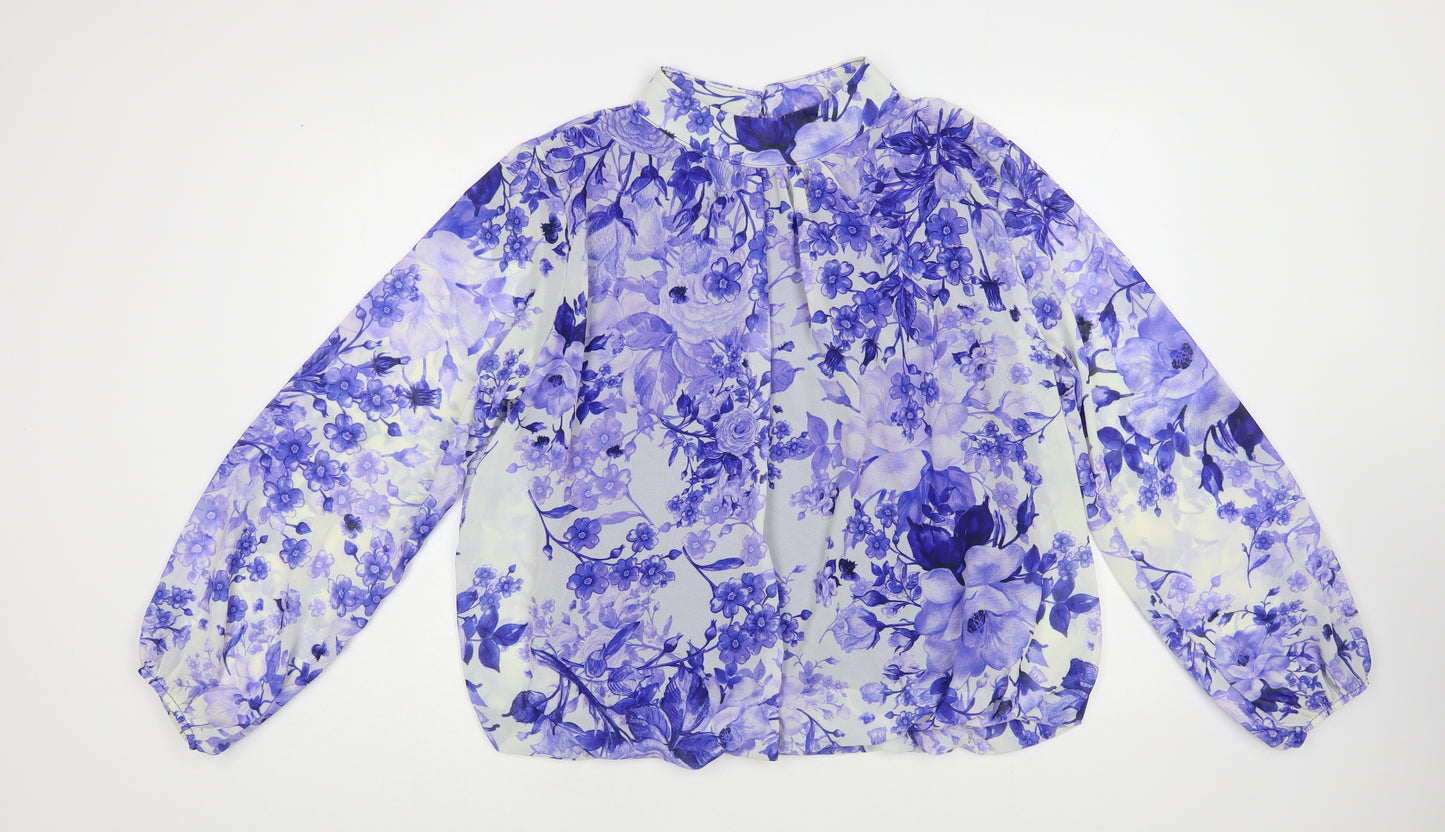 Blue Vanilla Womens Blue Floral Polyester Basic Blouse Size L Mock Neck