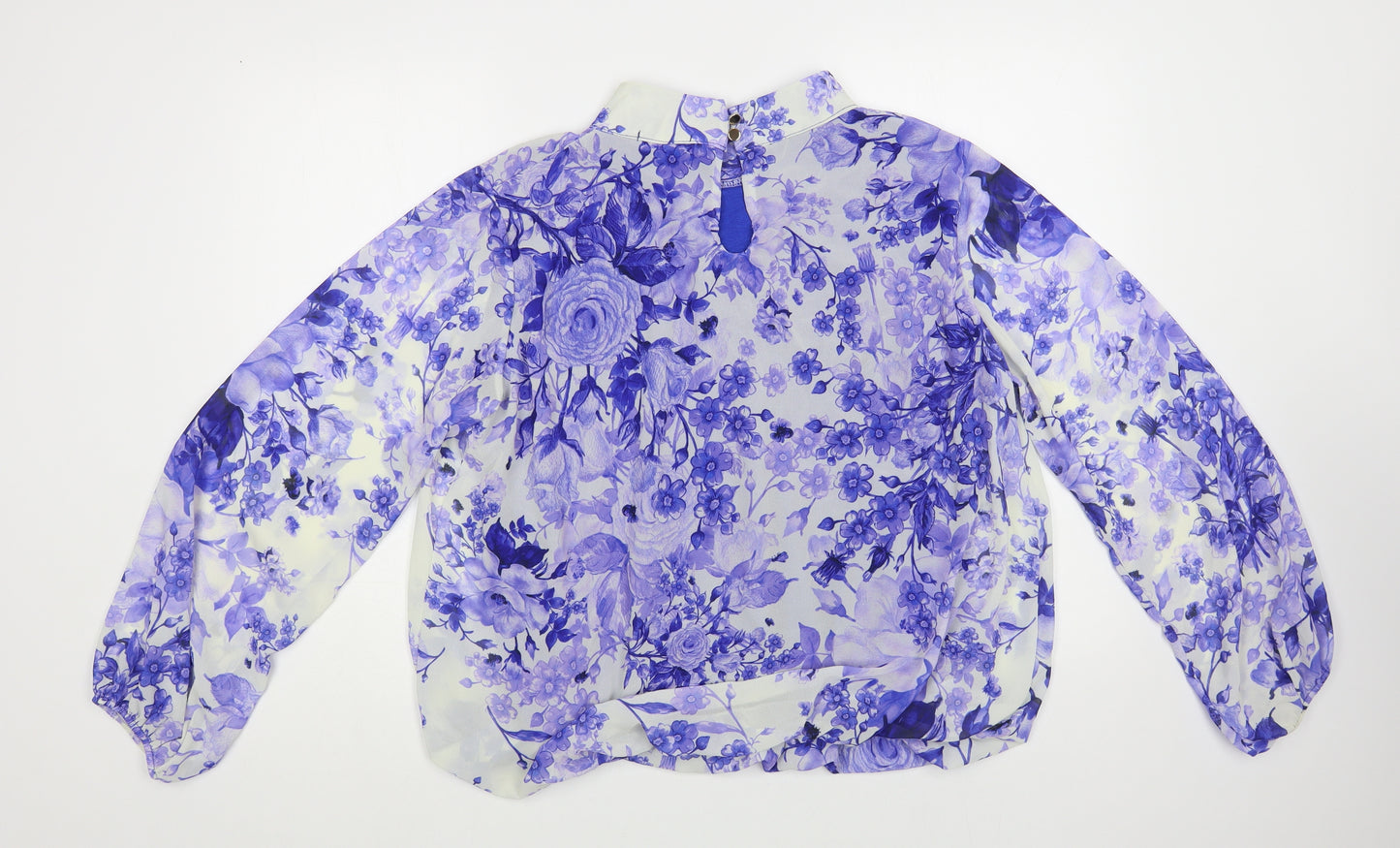 Blue Vanilla Womens Blue Floral Polyester Basic Blouse Size L Mock Neck
