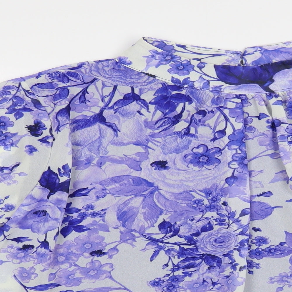 Blue Vanilla Womens Blue Floral Polyester Basic Blouse Size L Mock Neck