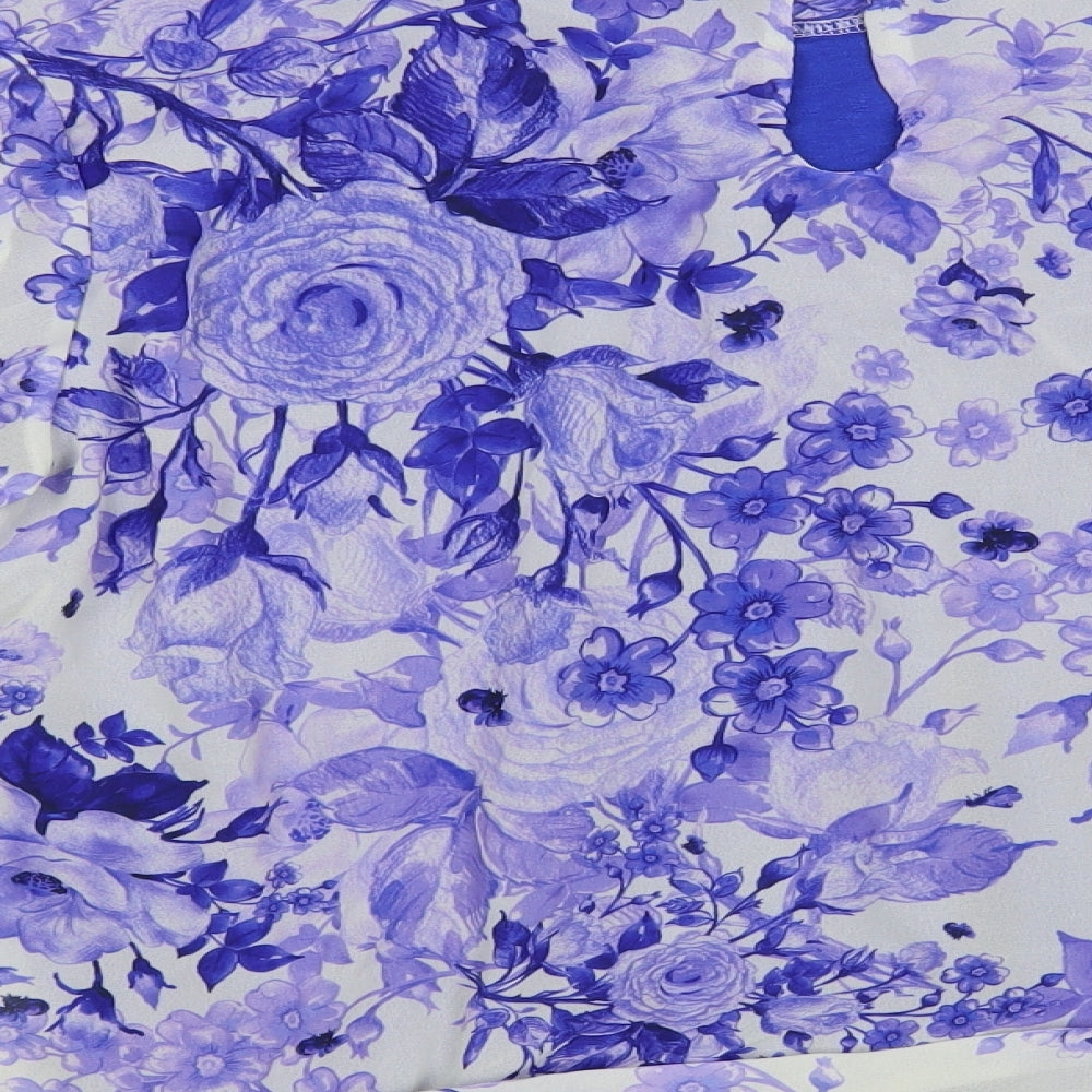 Blue Vanilla Womens Blue Floral Polyester Basic Blouse Size L Mock Neck