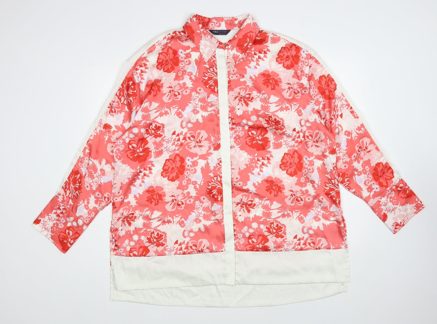 Marks and Spencer Womens Red Floral Polyester Basic Button-Up Size 20 Collared