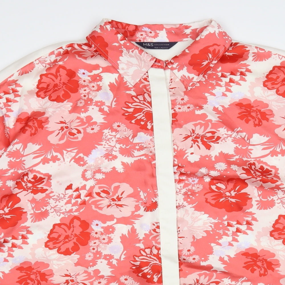 Marks and Spencer Womens Red Floral Polyester Basic Button-Up Size 20 Collared