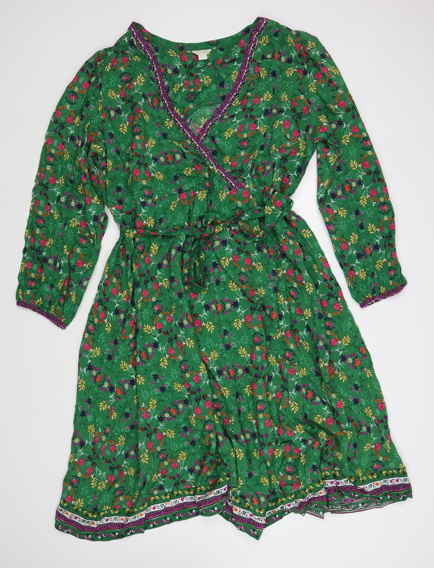 Monsoon Womens Green Floral Viscose Maxi Size 22 V-Neck Pullover