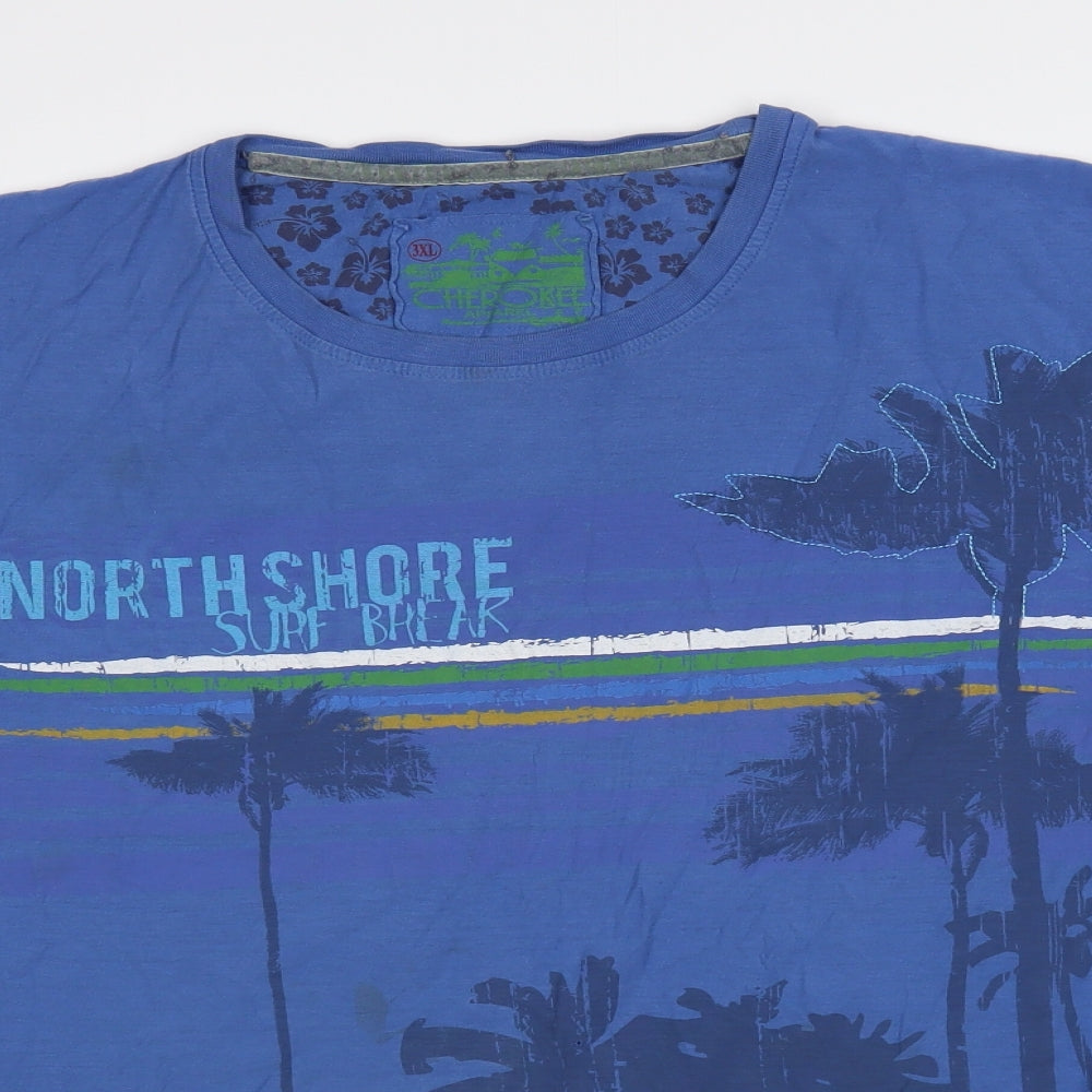 Cherokee Mens Blue Cotton T-Shirt Size 3XL Crew Neck - Palm Trees