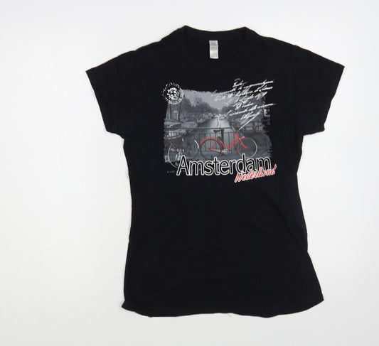 Front view of Gildan women’s black cotton basic t-shirt, size M, crew neck - amsterdam