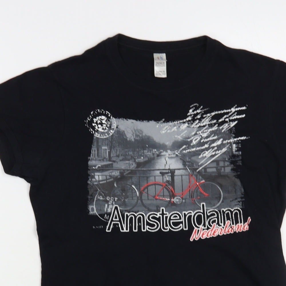 Gildan Womens Black Cotton Basic T-Shirt Size M Crew Neck - Amsterdam