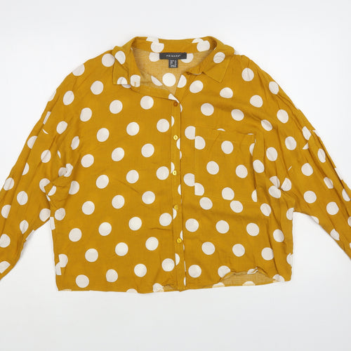 Primark Womens Yellow Polka Dot Viscose Basic Button-Up Size 12 Collared