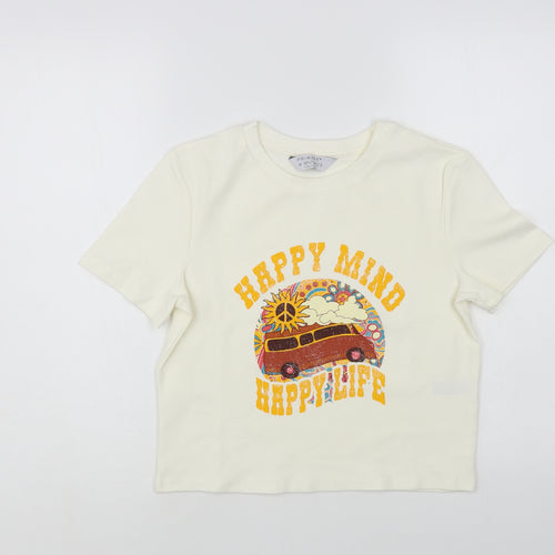 Primark Womens Ivory Cotton Cropped T-Shirt Size 12 Crew Neck - Happy Mind Happy Life