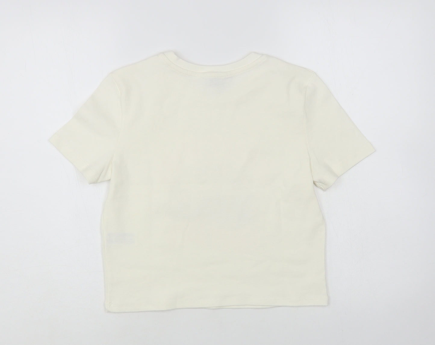 Primark Womens Ivory Cotton Cropped T-Shirt Size 12 Crew Neck - Happy Mind Happy Life