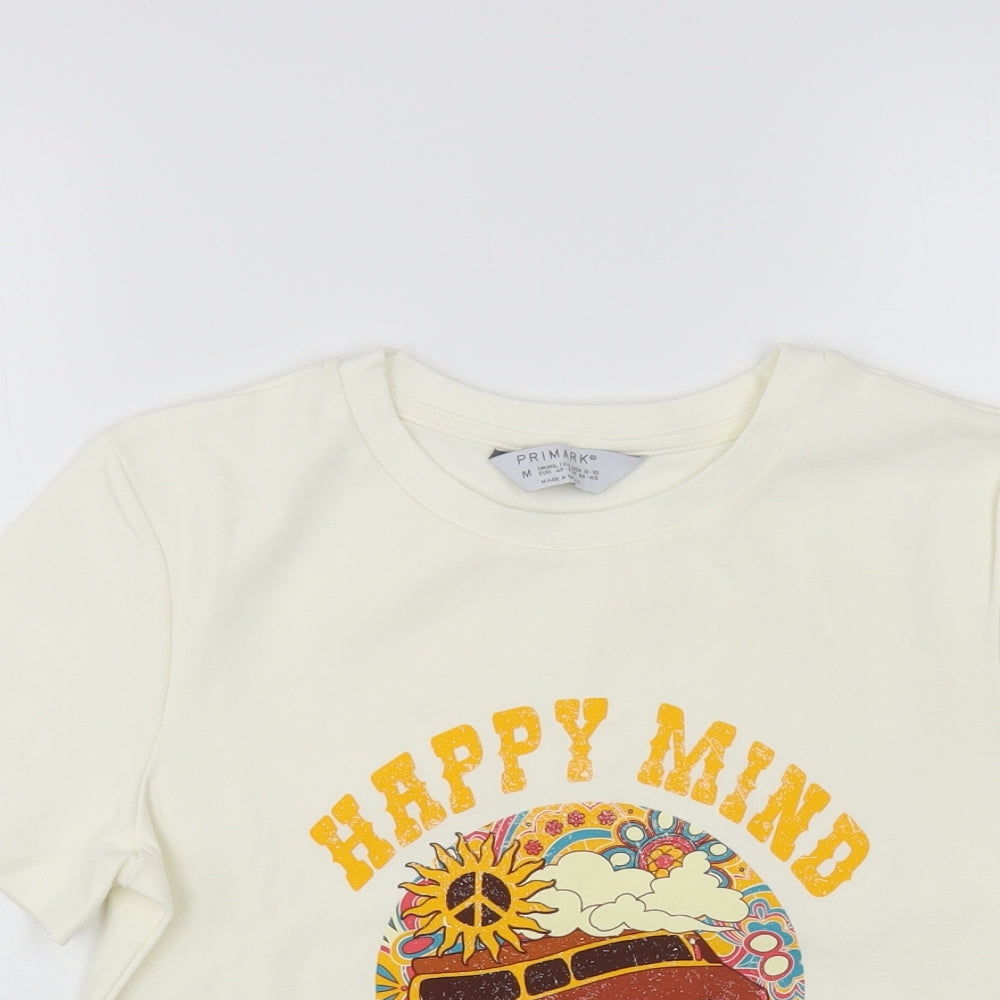 Primark Womens Ivory Cotton Cropped T-Shirt Size 12 Crew Neck - Happy Mind Happy Life