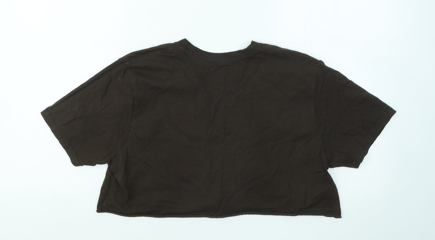 PRETTYLITTLETHING Womens Brown Cotton Cropped T-Shirt Size S Round Neck