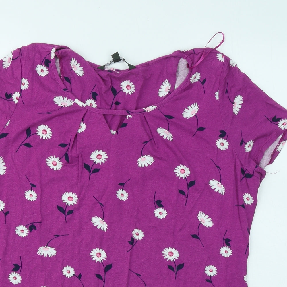 Bonmarché Womens Purple Floral Viscose Basic T-Shirt Size 18 Round Neck