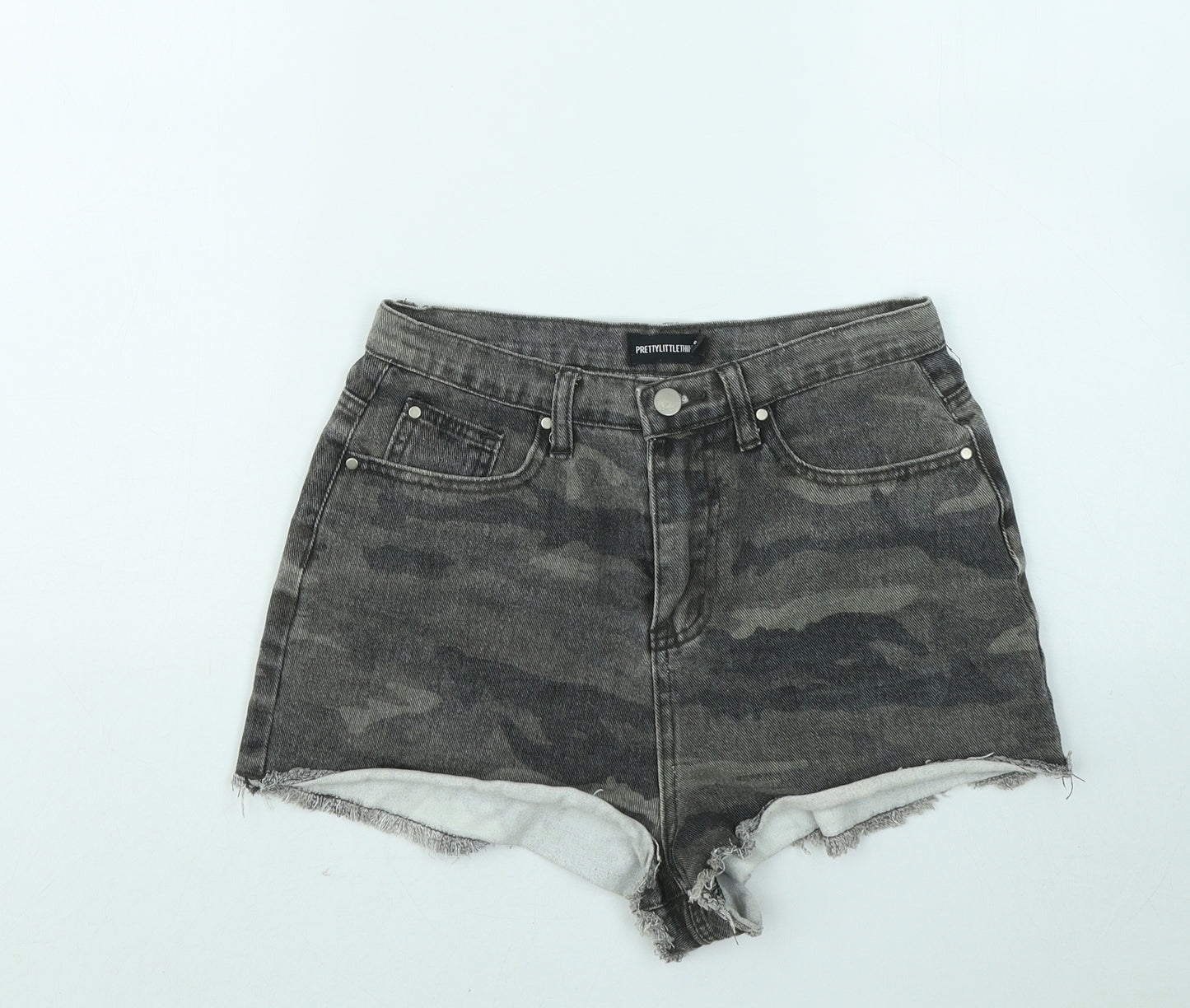 PRETTYLITTLETHING Womens Green Camouflage Cotton Cut-Off Shorts Size 8 Regular Zip