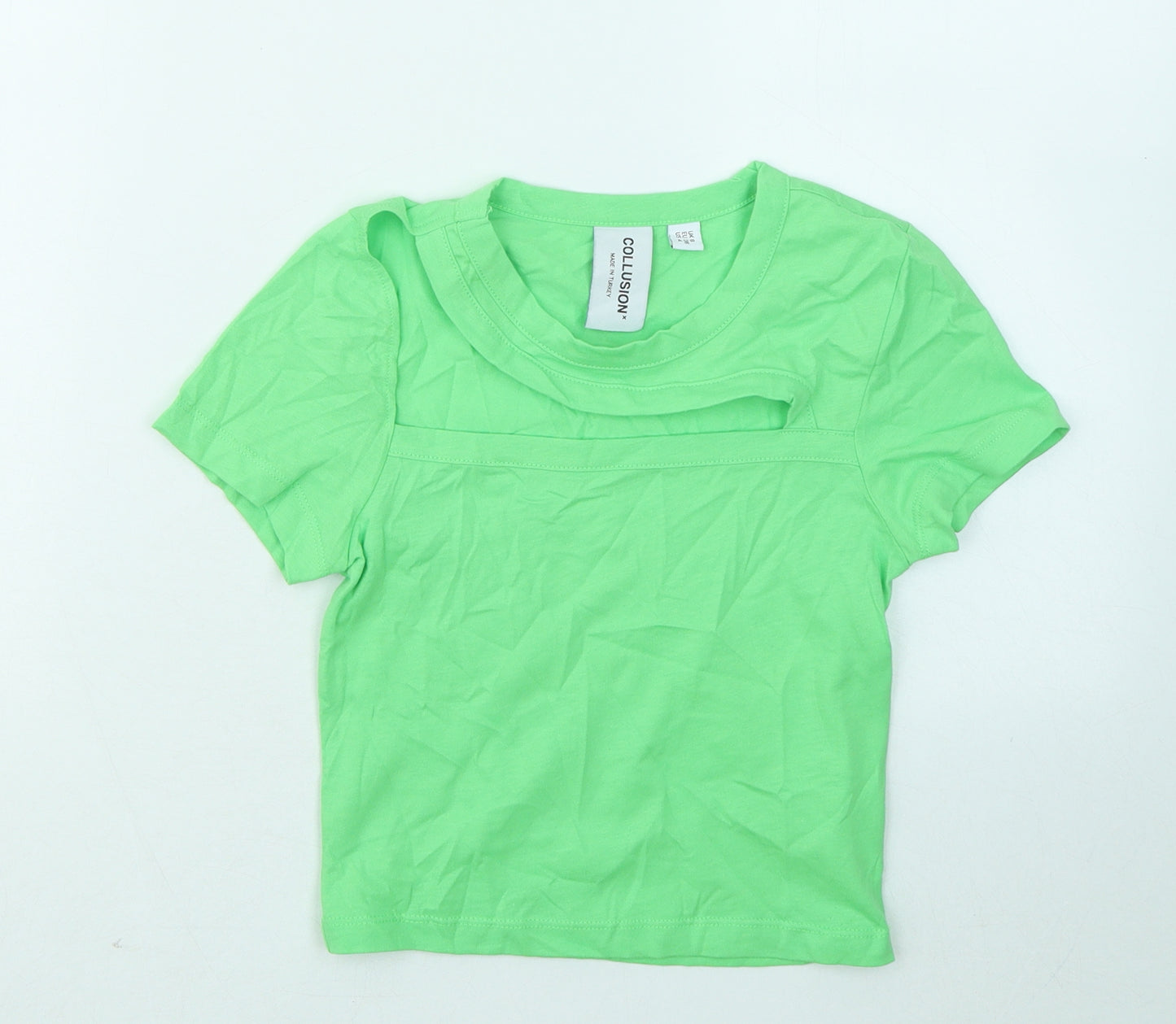 COLLUSION Womens Green Cotton Basic T-Shirt Size 8 Round Neck - Cut Out