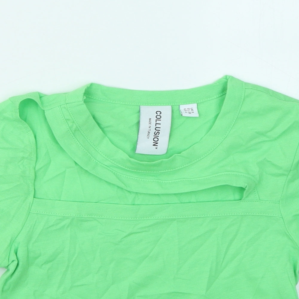 COLLUSION Womens Green Cotton Basic T-Shirt Size 8 Round Neck - Cut Out
