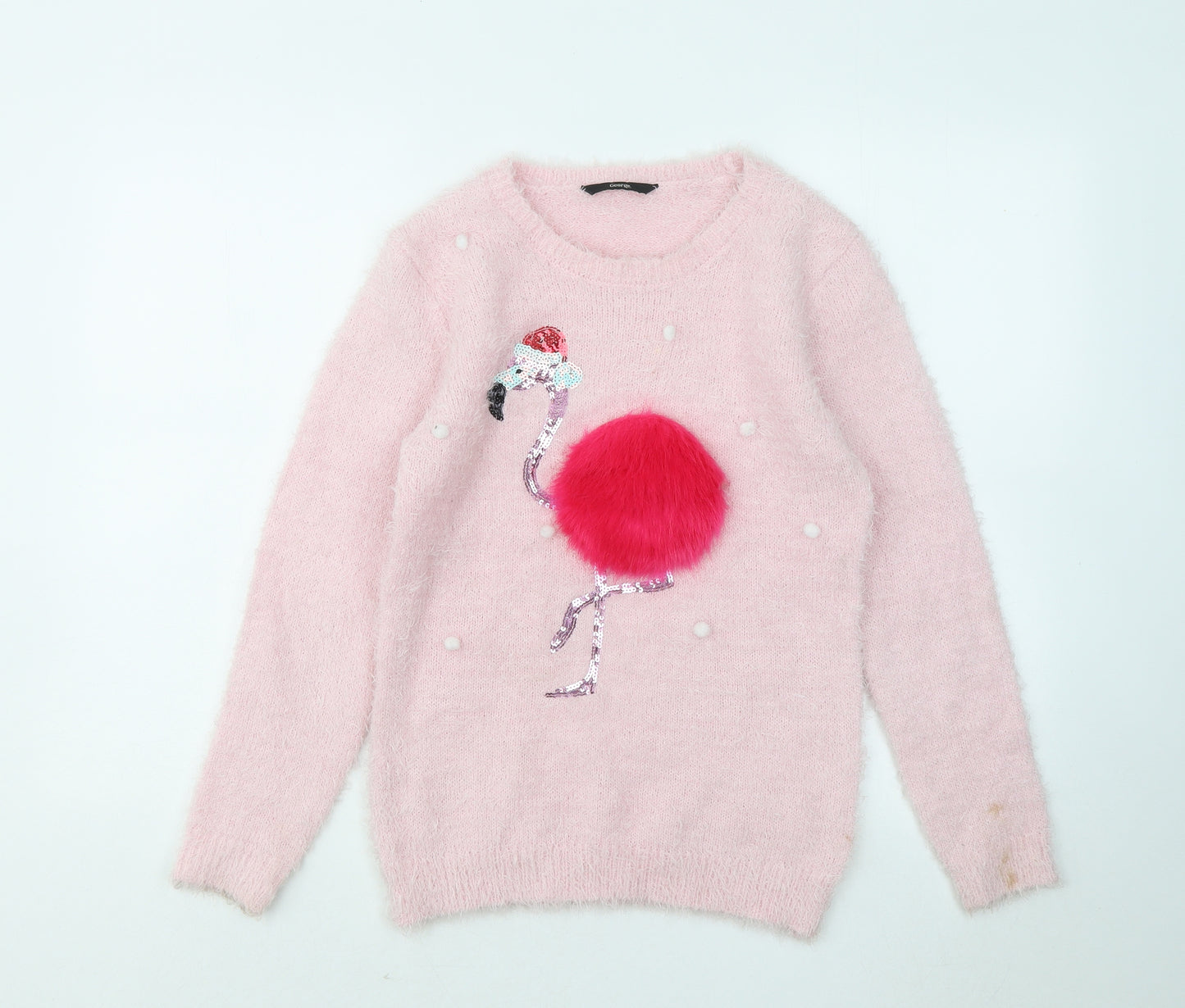 George Girls Pink Round Neck Polyester Pullover Jumper Size 12-13 Years - Flamingo