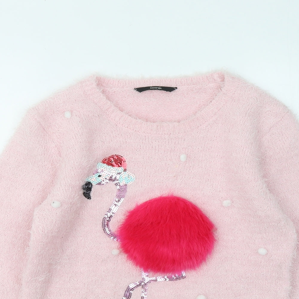 George Girls Pink Round Neck Polyester Pullover Jumper Size 12-13 Years - Flamingo