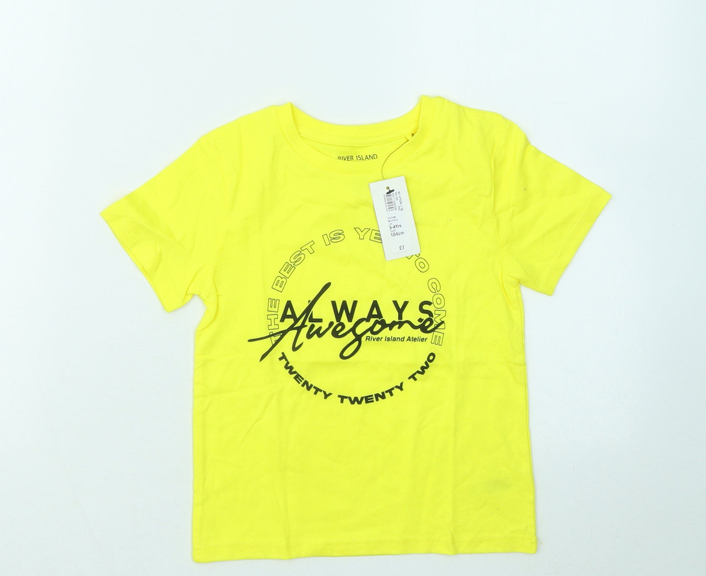 River Island Boys Yellow Cotton Basic T-Shirt Size 3-4 Years Round Neck - Always Awesome