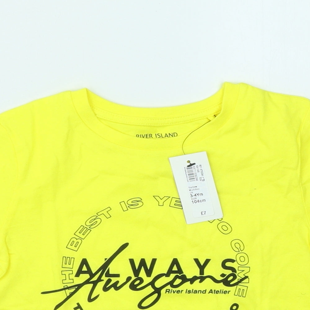 River Island Boys Yellow Cotton Basic T-Shirt Size 3-4 Years Round Neck - Always Awesome