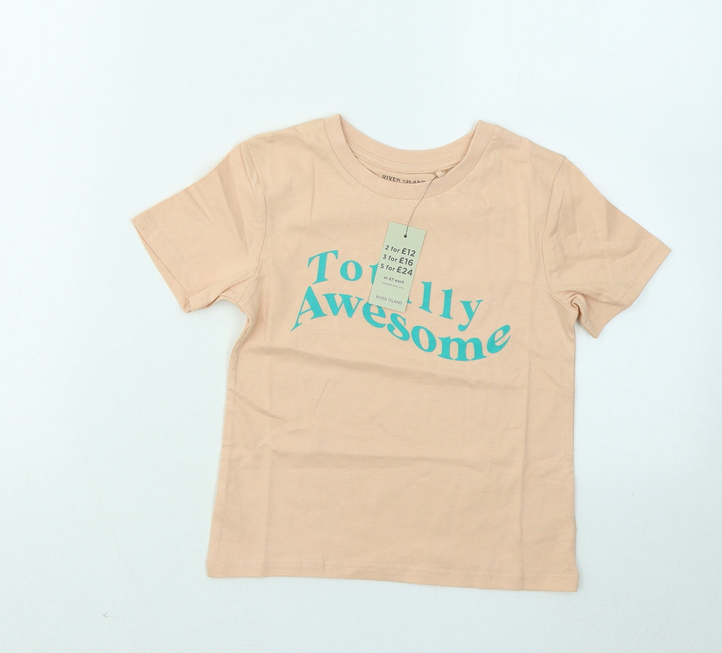 River Island Girls Orange Cotton Basic T-Shirt Size 3-4 Years Round Neck - Totally Awesome