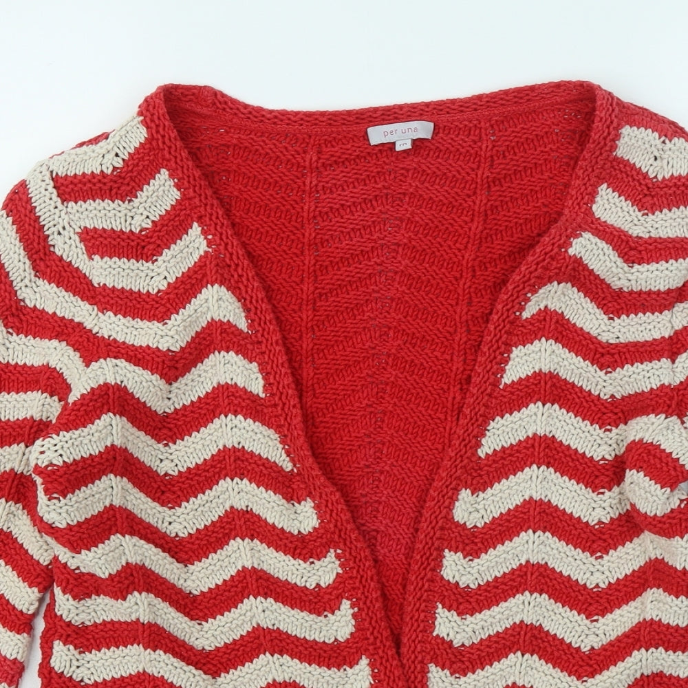 Per Una Womens Red V-Neck Striped Cotton Cardigan Jumper Size 16