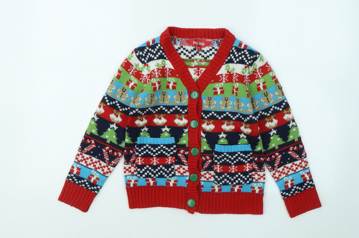Jingle Bells Boys Red V-Neck Geometric Acrylic Cardigan Jumper Size 7-8 Years Button - Christmas