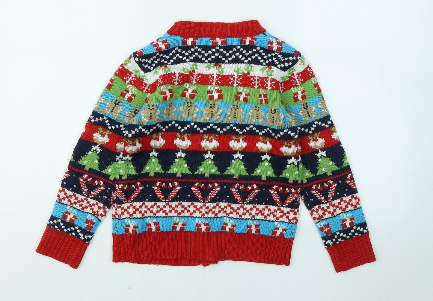 Jingle Bells Boys Red V-Neck Geometric Acrylic Cardigan Jumper Size 7-8 Years Button - Christmas
