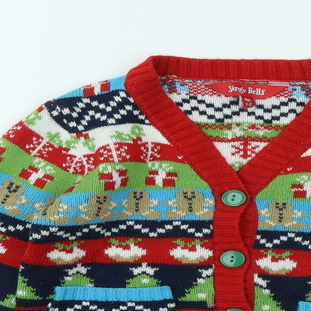 Jingle Bells Boys Red V-Neck Geometric Acrylic Cardigan Jumper Size 7-8 Years Button - Christmas