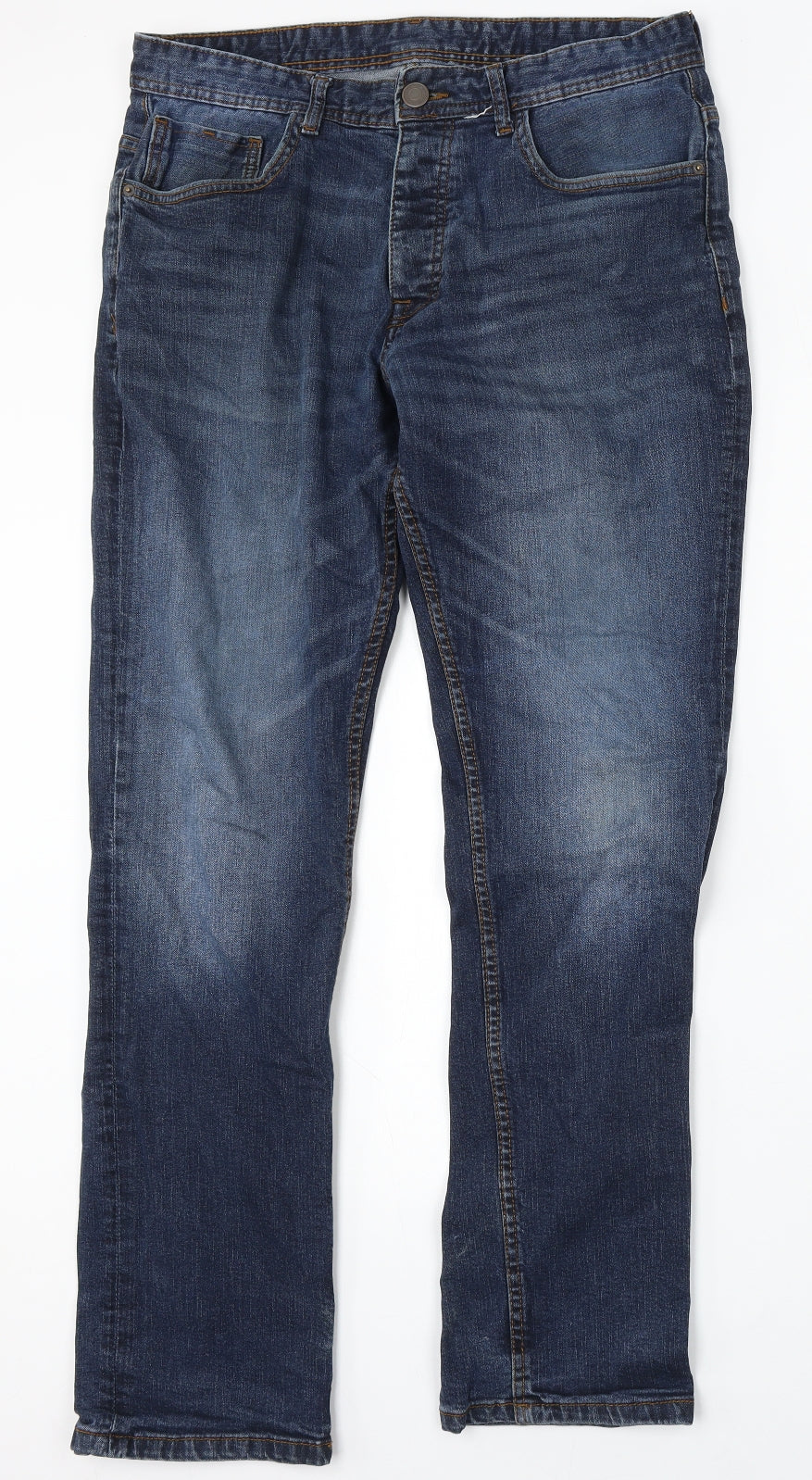 Denim & Co. Mens Blue Cotton Straight Jeans Size 34 L32 in Regular Button