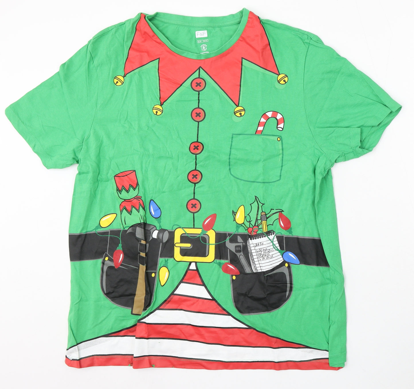 F&F Mens Green Cotton T-Shirt Size XL Round Neck - Elf Christmas