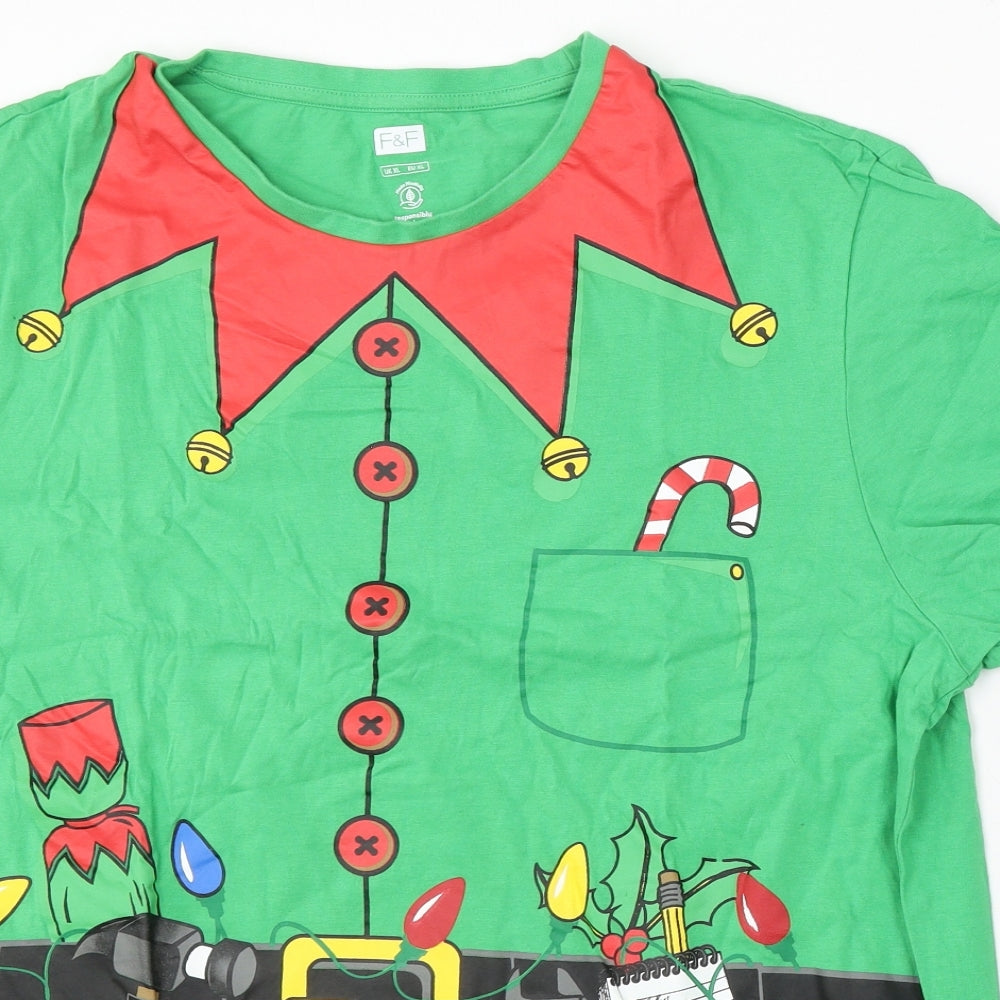 F&F Mens Green Cotton T-Shirt Size XL Round Neck - Elf Christmas
