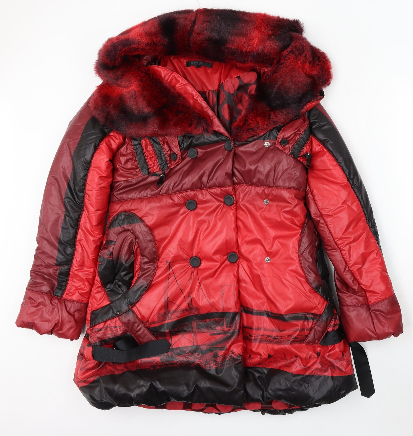 Creative By Womens Red Geometric Puffer Jacket Coat Size 10 Snap