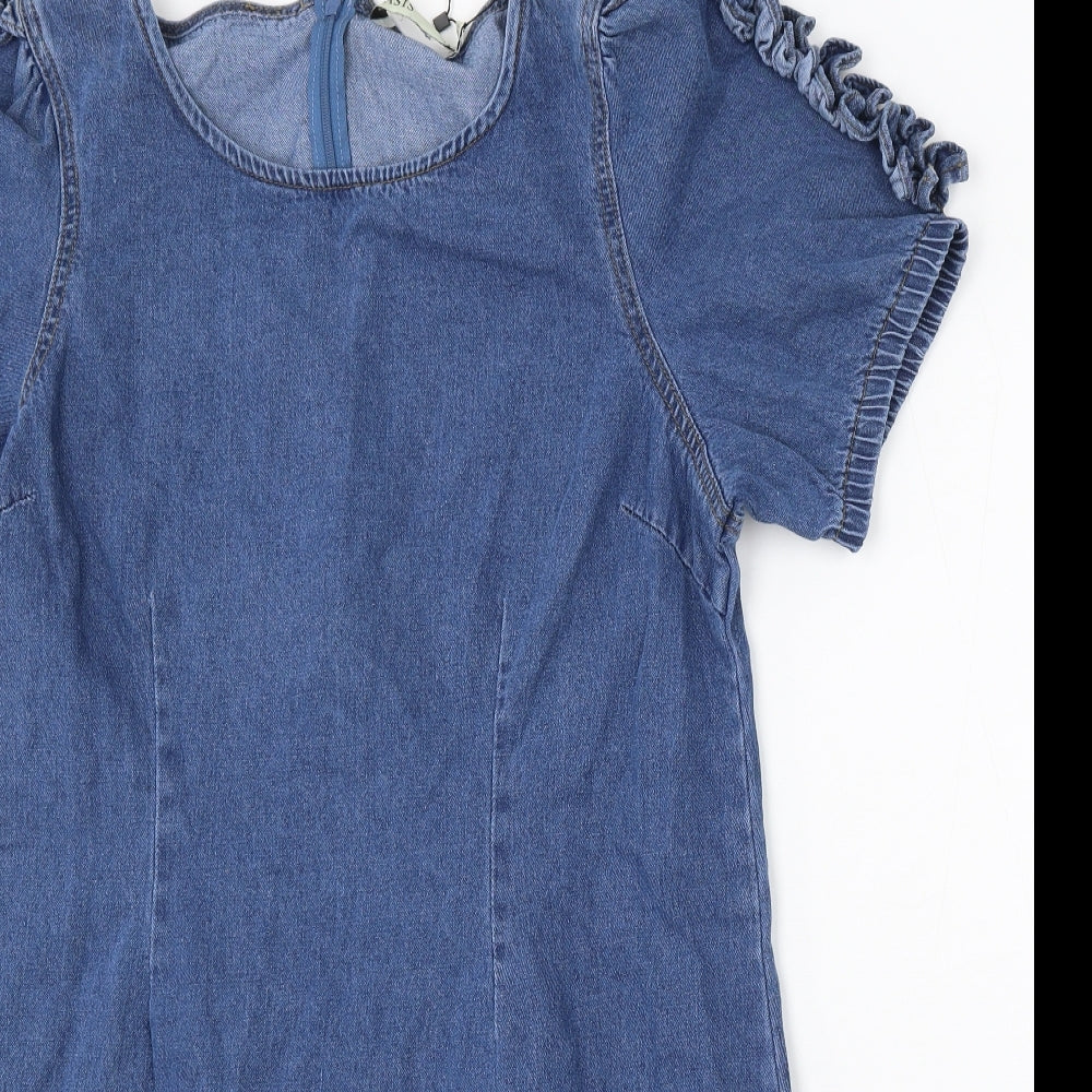 Oasis Womens Blue Cotton Sheath Size 18 Round Neck Zip